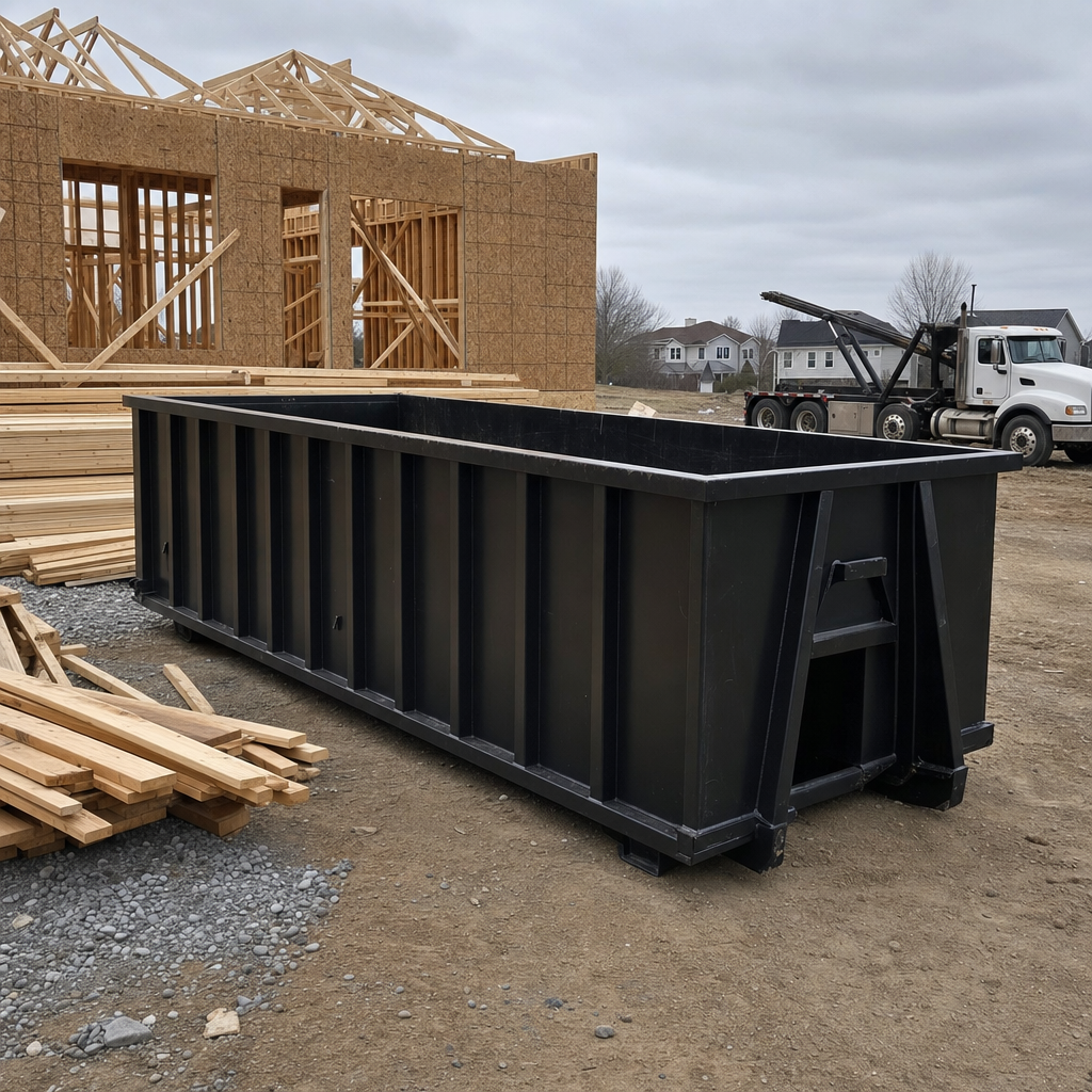Matte-black 40-yard roll-off dumpster staged on a framed-out residential construction site in Henderson, framing lumber stacked nearby, hooklift delivery truck visible in the background under bright Colorado daylight