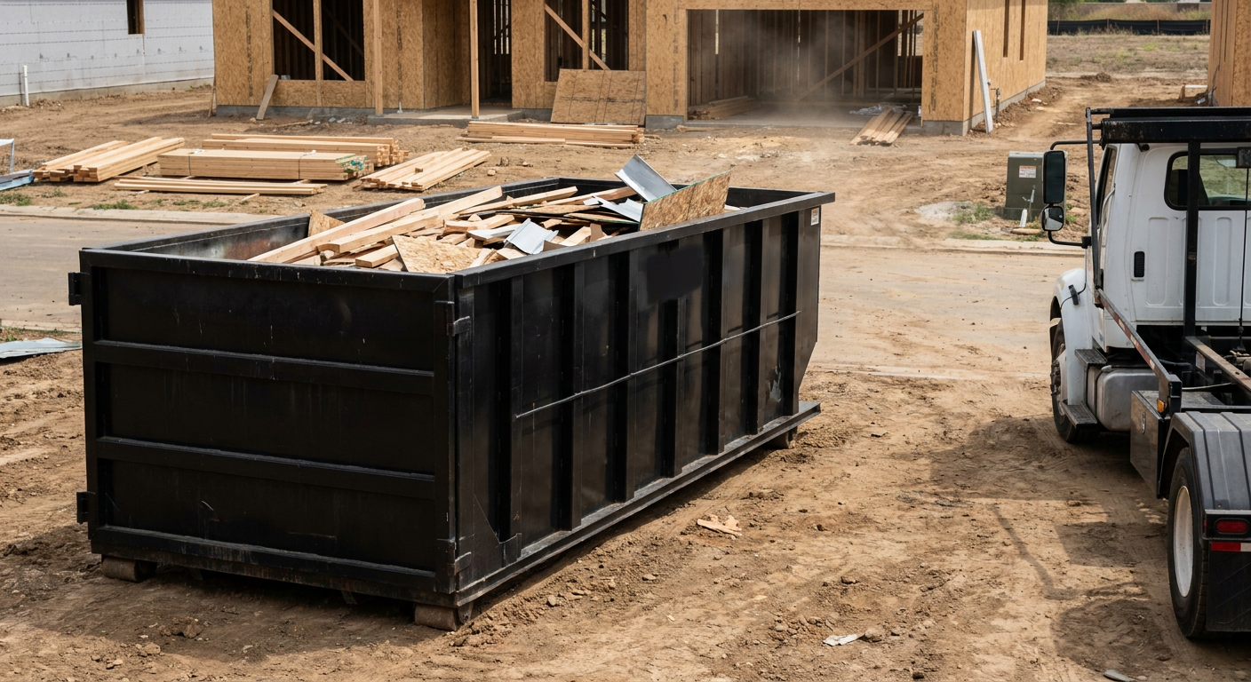Matte-black 20-yard roll-off construction dumpster with heavy ribbed steel sidewalls and swing rear doors at a working jobsite in Henderson, sitting directly on compacted dirt with an unmarked white hauler partially visible at the far edge of the frame.