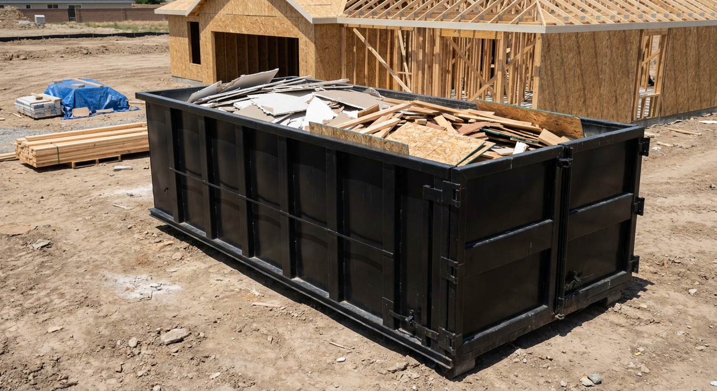 Matte-black 30-yard roll-off construction dumpster sitting directly on the compacted-dirt site of a framed single-family home build in Henderson, drywall and lumber scrap loaded inside.