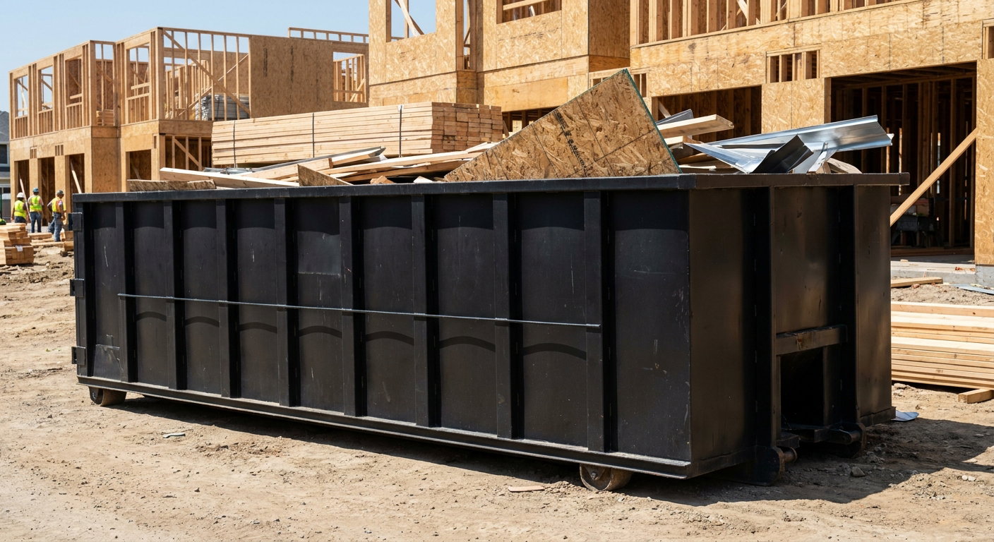 Matte-black 40-yard roll-off construction dumpster being lowered from a white-cab hooklift delivery truck onto the compacted-dirt jobsite at a commercial build site in Henderson