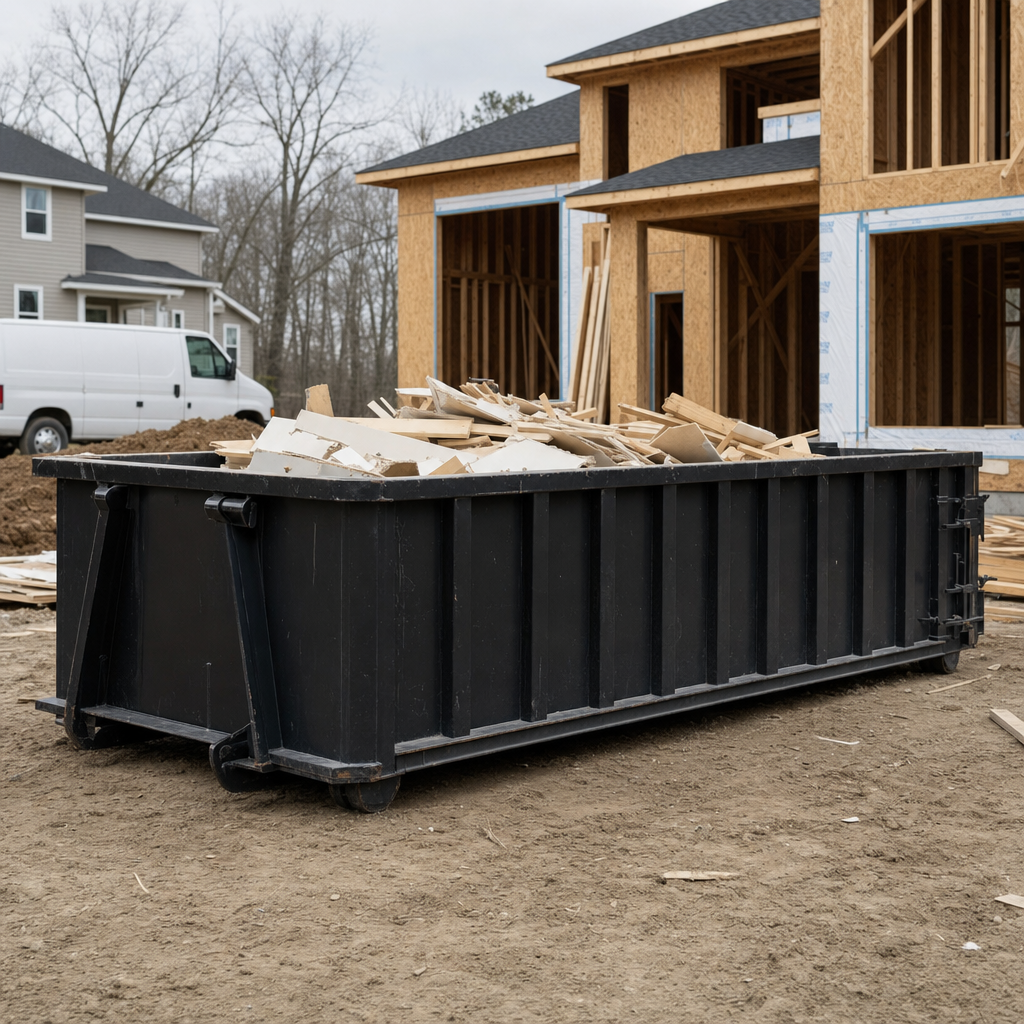 Worker in a yellow high-visibility vest tossing framing lumber and broken drywall into a matte-black 30-yard construction roll-off dumpster on an active build site in Henderson, bright daylight
