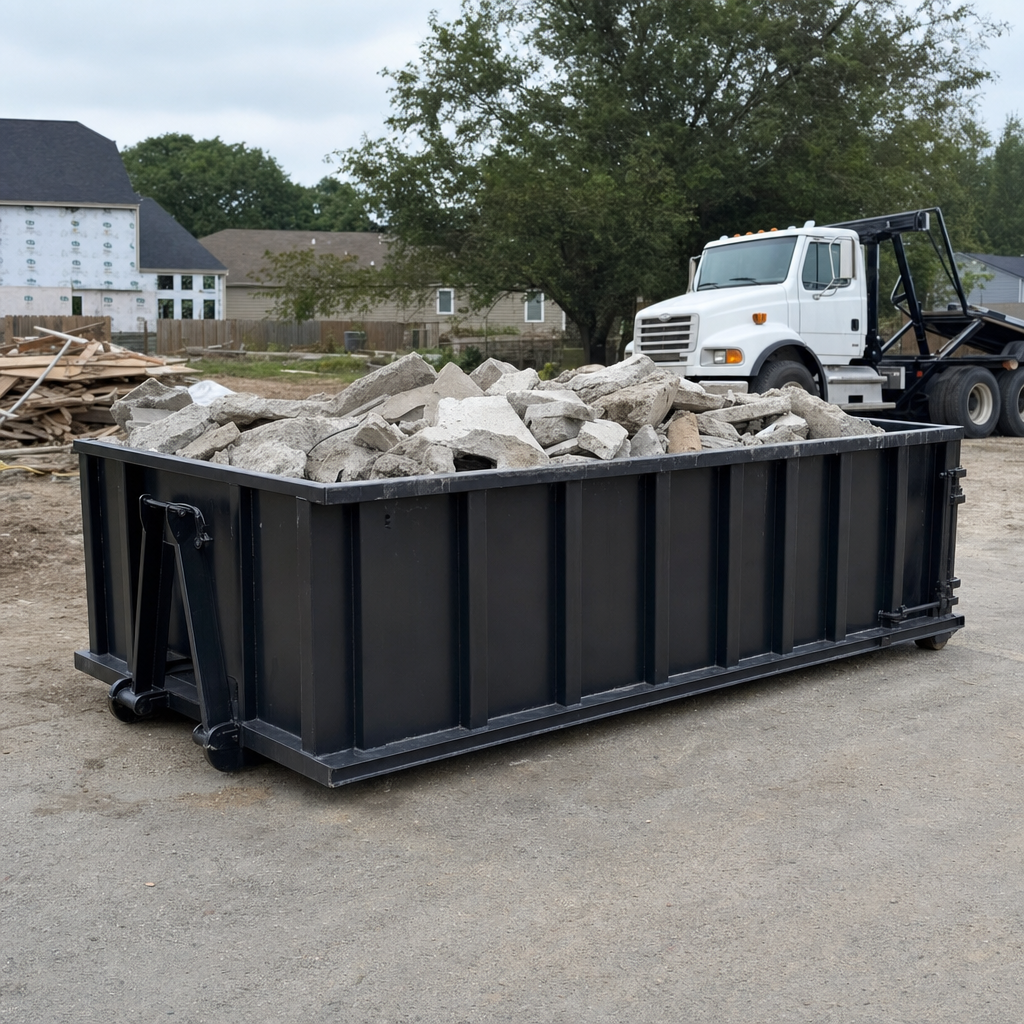 Low-profile matte-black lowboy roll-off dumpster loaded with broken concrete slab and rebar at a foundation tear-out in Henderson, skid steer parked beside it, sunny Colorado morning