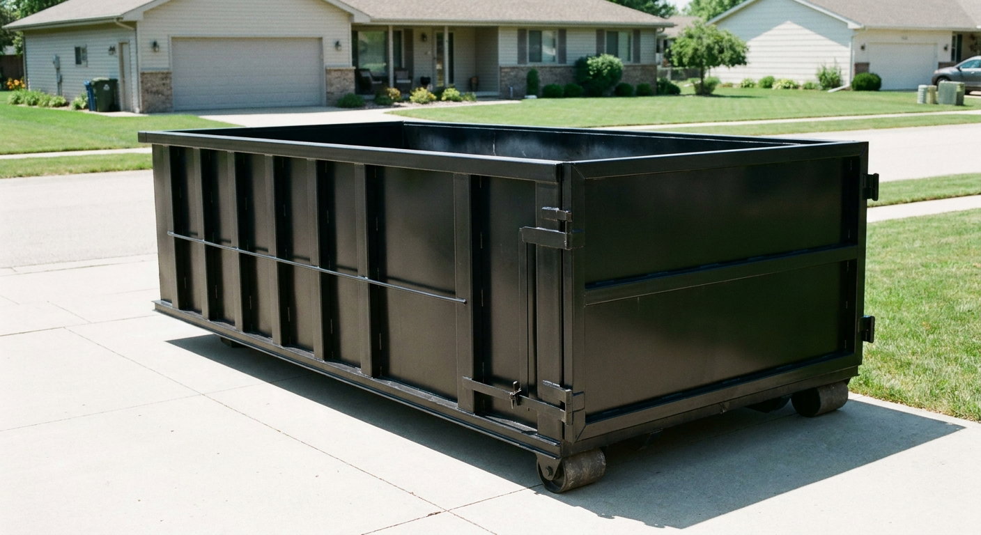 Matte-black 10-yard roll-off dumpster on a residential concrete driveway in Henderson, uniformly painted matte black across every panel and rail, ribbed steel sidewalls and rear swing door visible, mid-day daylight.