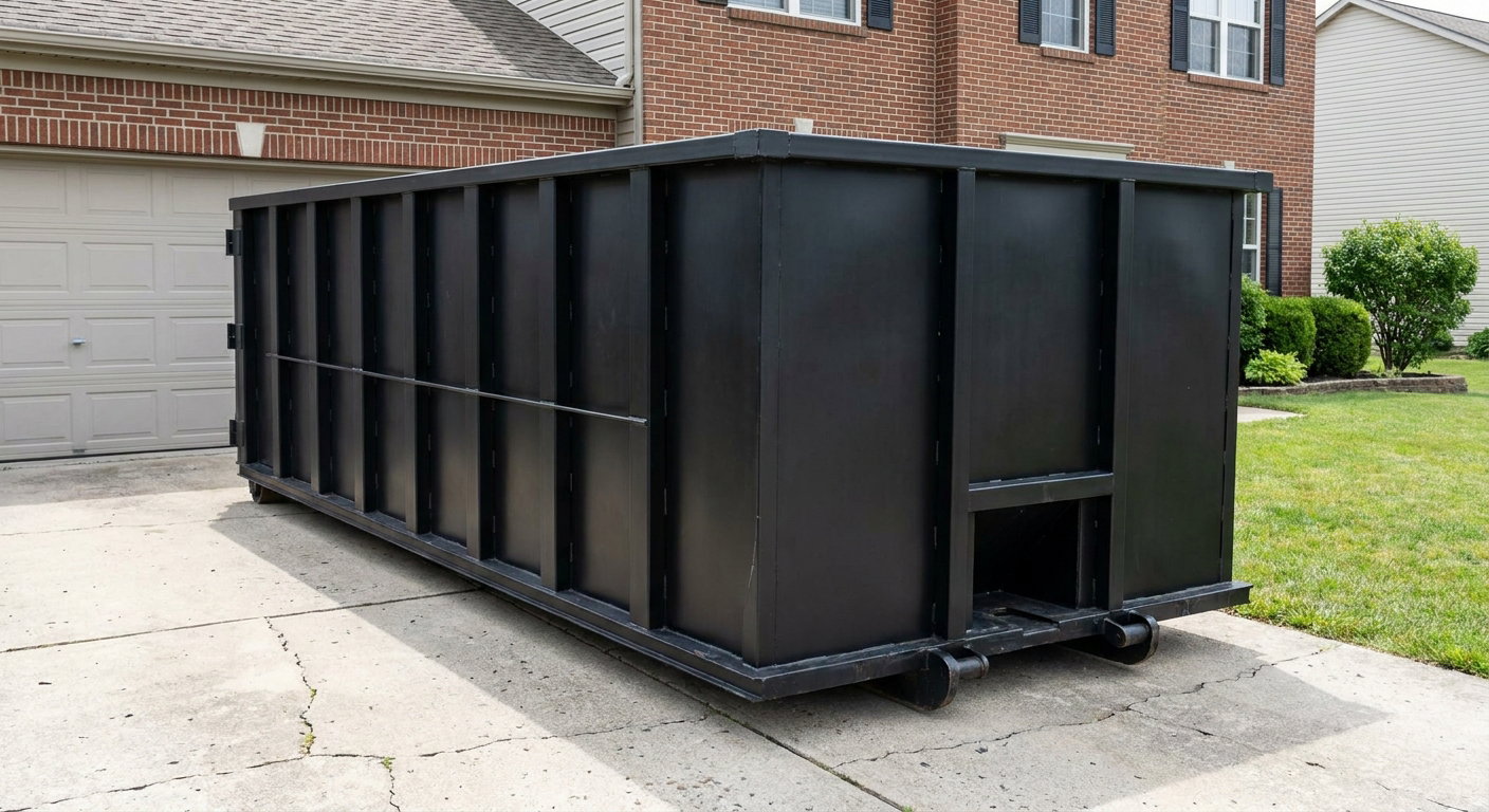 Matte-black 20-yard roll-off container on a Henderson residential concrete driveway with reinforced ribbed steel sidewalls and a hinged rear walk-in door, clean bright daylight.