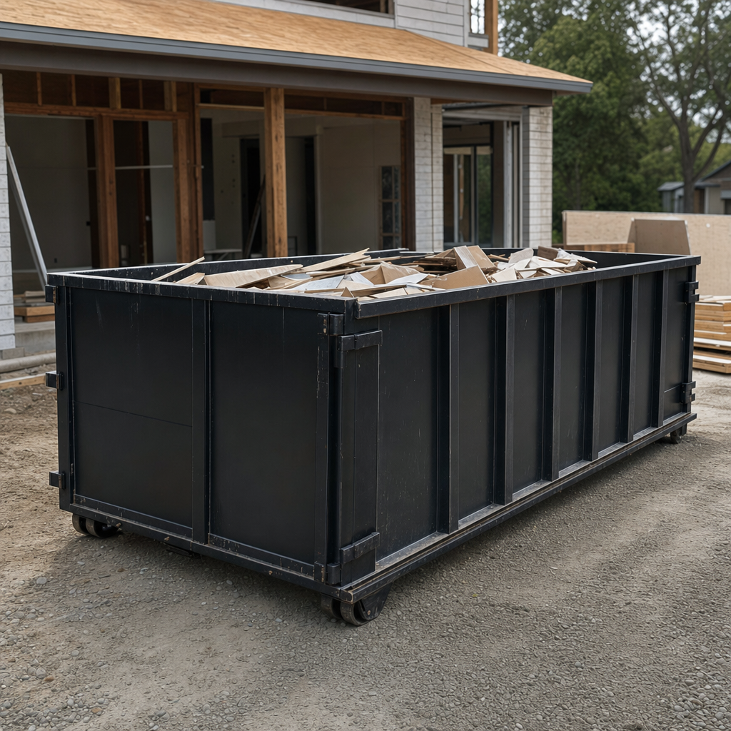 Large matte-black 30-yard construction roll-off dumpster at an active Henderson jobsite, steel-gray top rails and bottom rollers visible, loaded with construction debris.