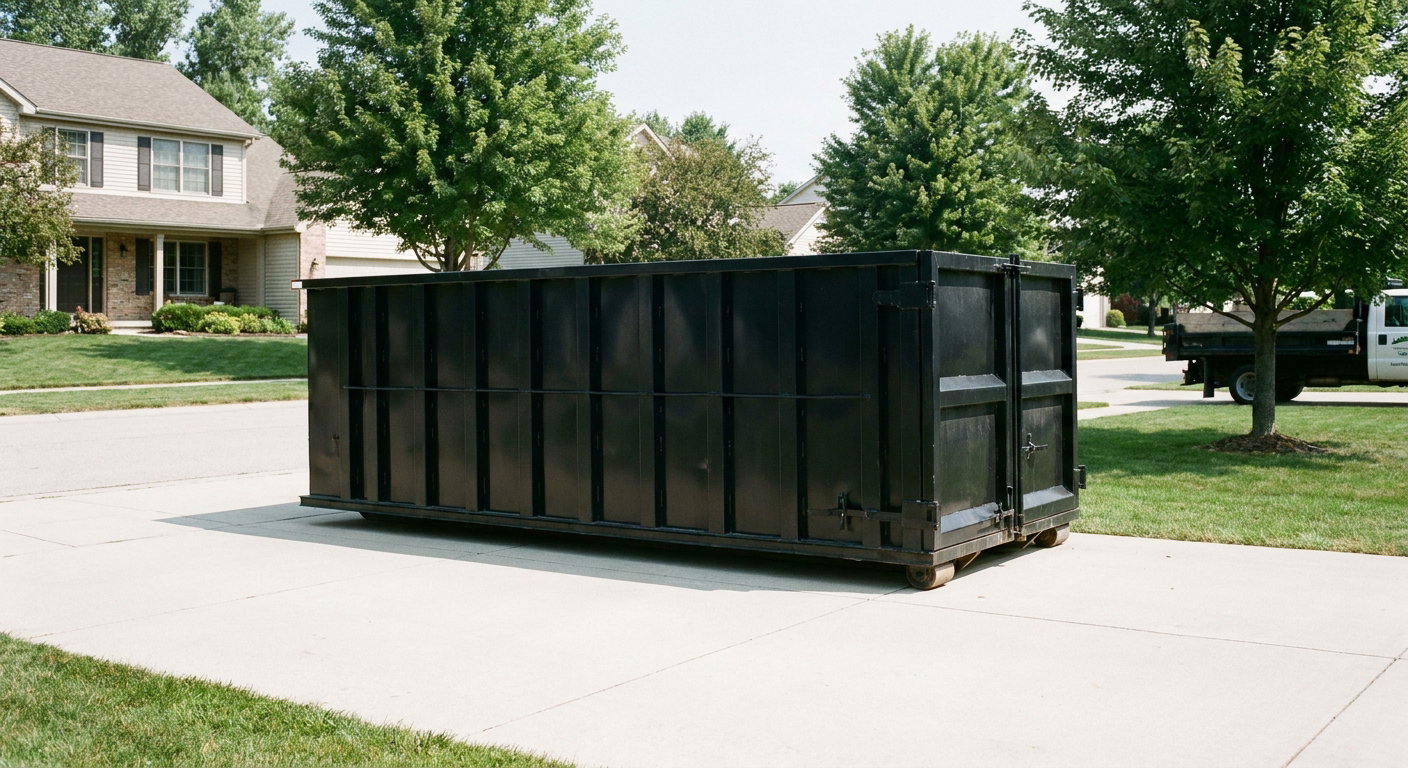 Matte-black 20-yard roll-off dumpster sitting level on a clean Henderson residential concrete driveway under bright daylight, demonstrating clean placement directly on the concrete.