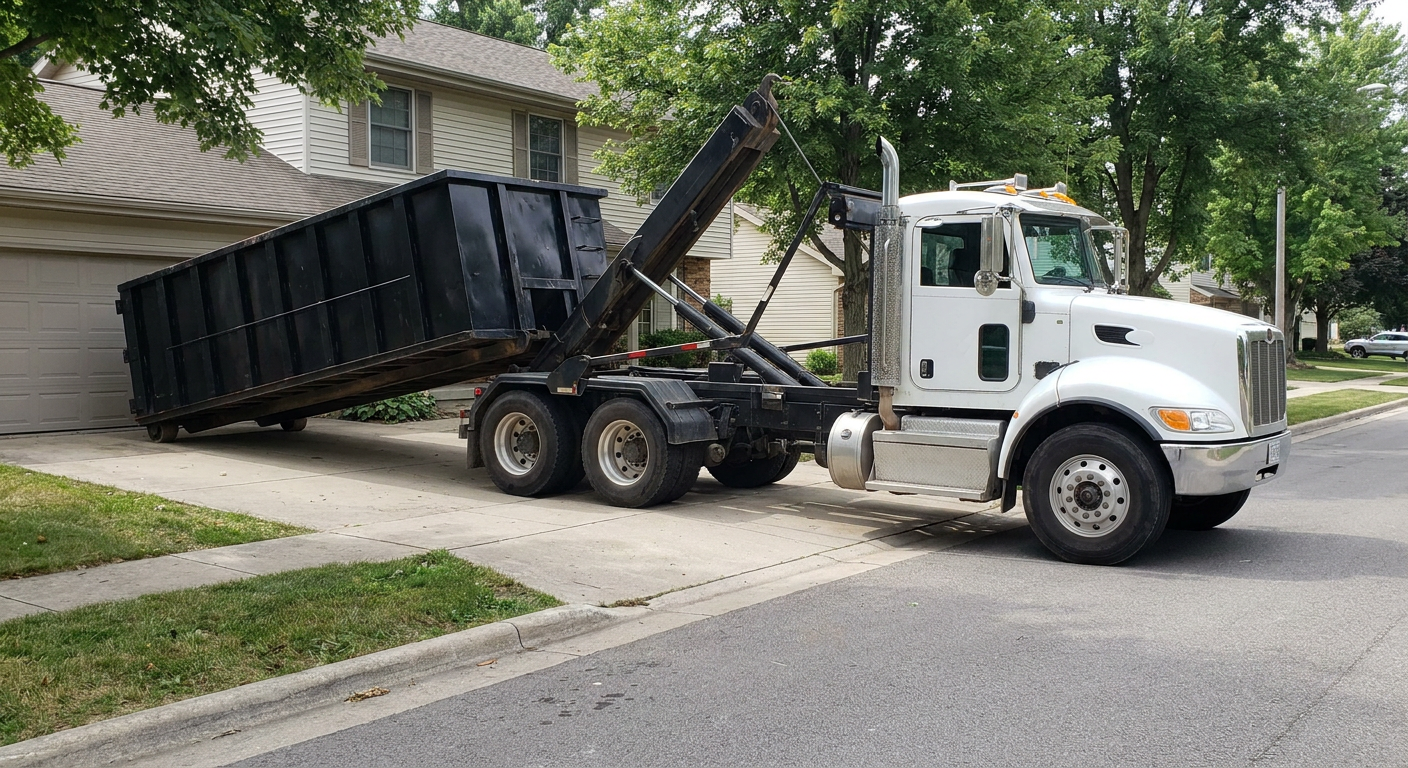 White-cab hooklift roll-off truck actively lowering a matte-black dumpster onto a Henderson residential concrete driveway, the dumpster's rear wheels touching the driveway as the hoist arm tilts the bed forward, mid-morning daylight.