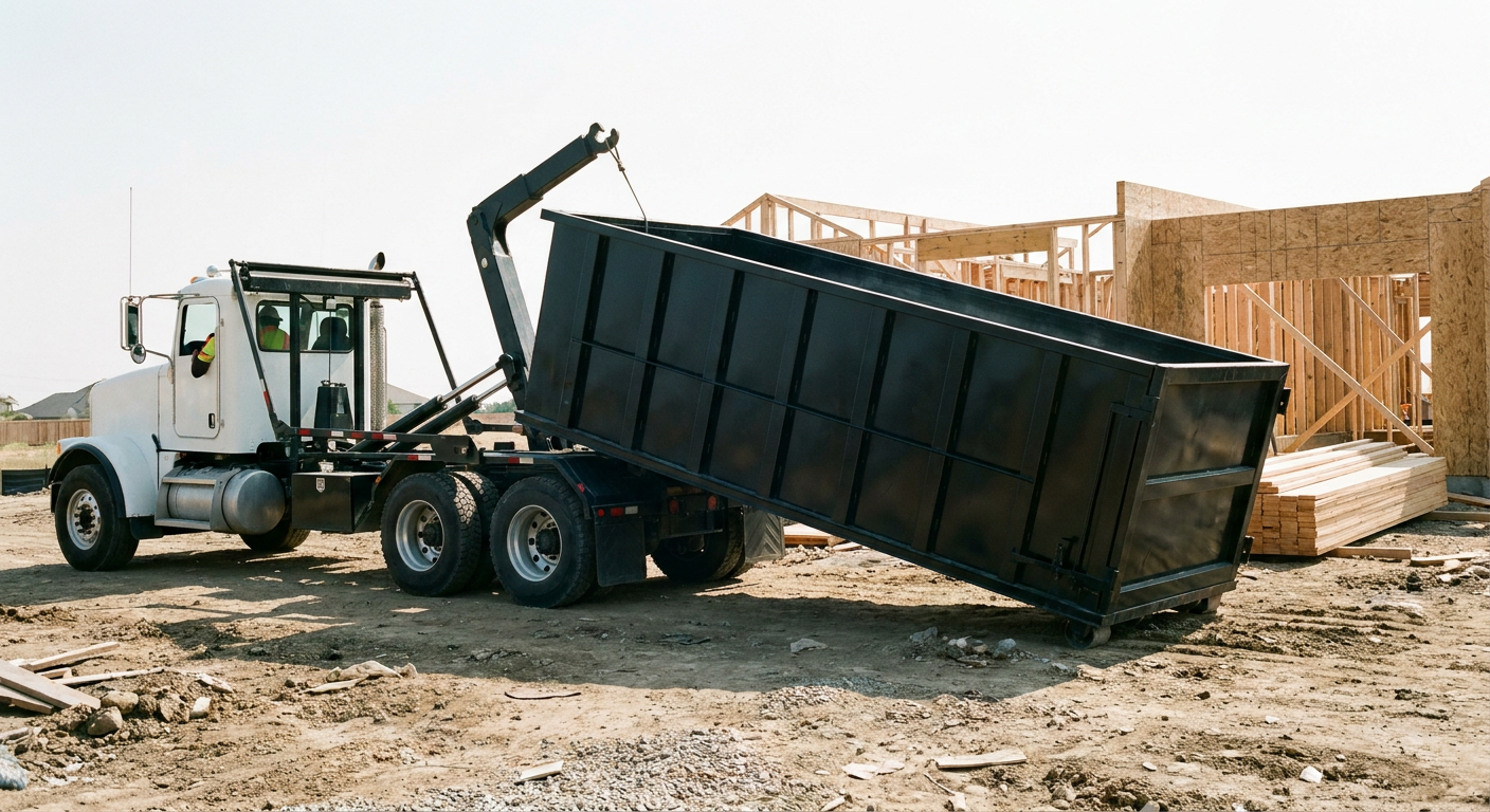 Matte-black roll-off dumpster being delivered onto a clean residential concrete driveway in Henderson by an unmarked white hooklift hauler truck, bright morning daylight, documentary 35mm perspective.