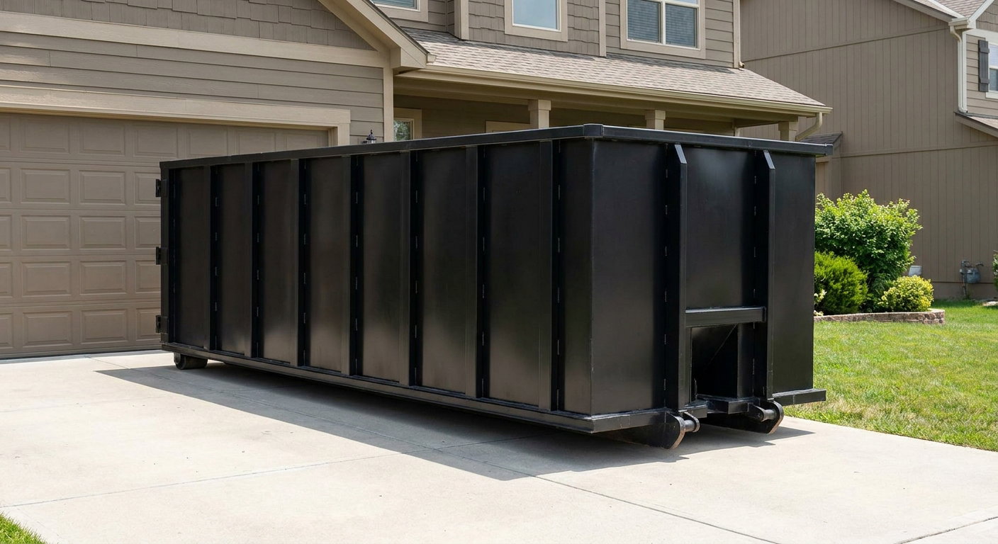 Matte-black residential roll-off dumpster sitting directly on a suburban Henderson concrete driveway, garage door closed, single-family home in background, bright morning daylight.