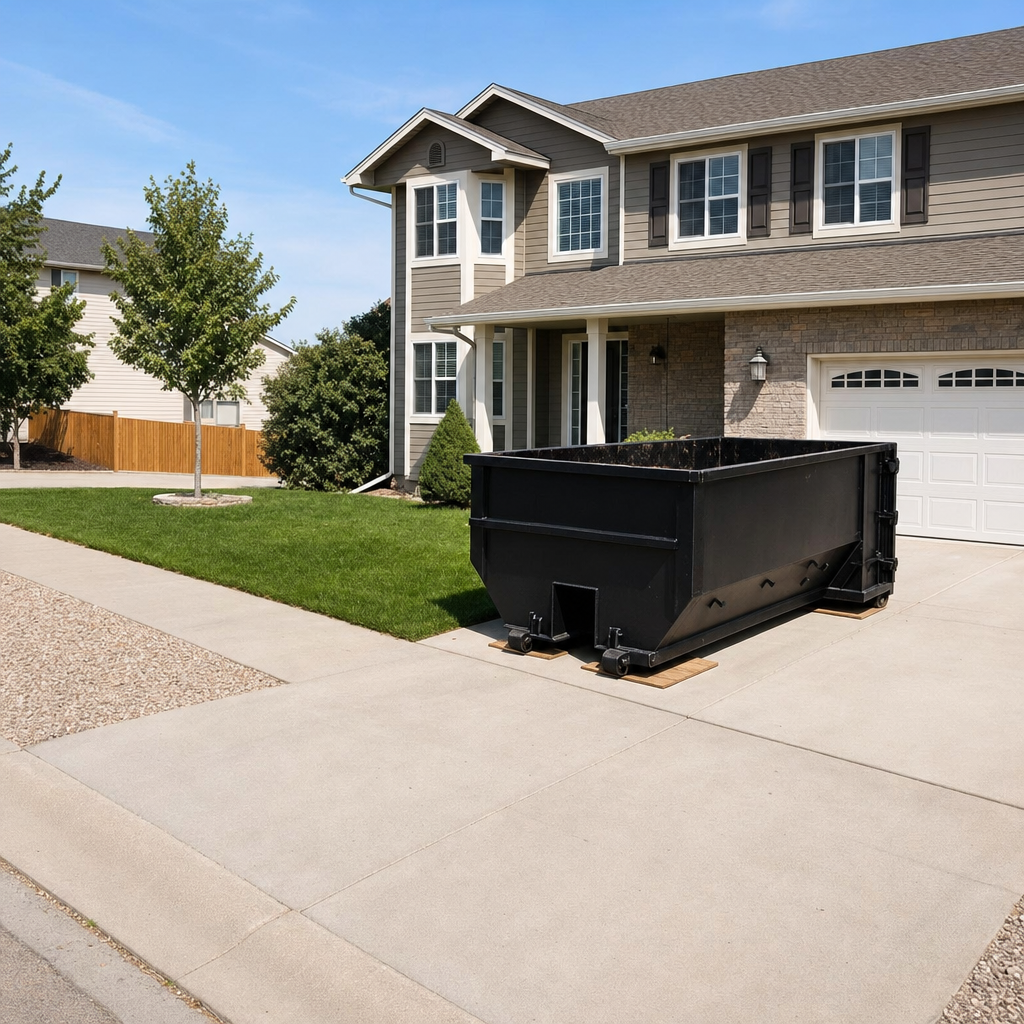 10-yard matte-black residential dumpster placed directly on a narrow Henderson concrete driveway, room remains for a parked sedan beside it, mid-morning natural light