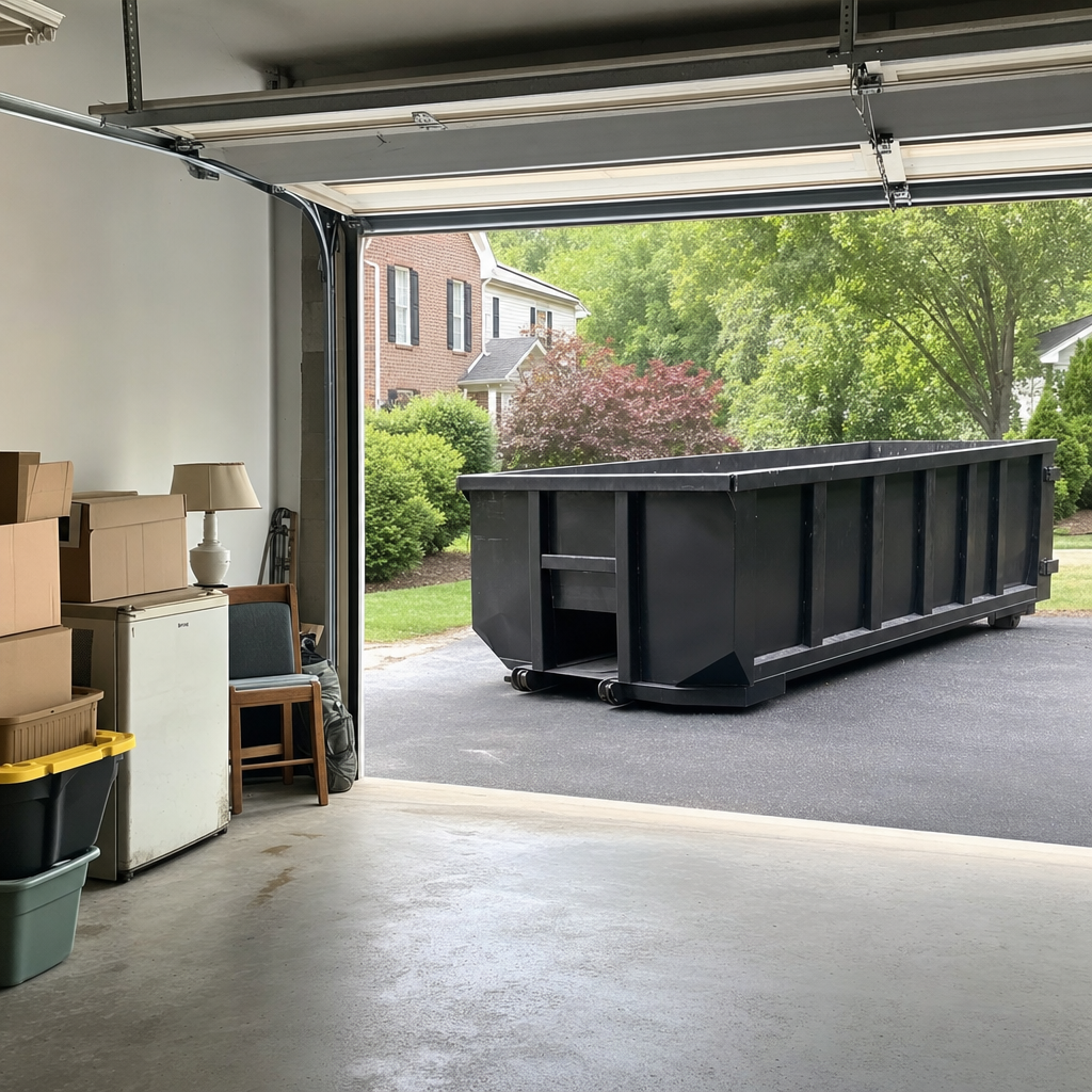 Open garage interior in a Henderson home mid-cleanout — boxed items, an old appliance, and stacked yard tools queued near the driveway for a matte-black roll-off dumpster, organized and calm