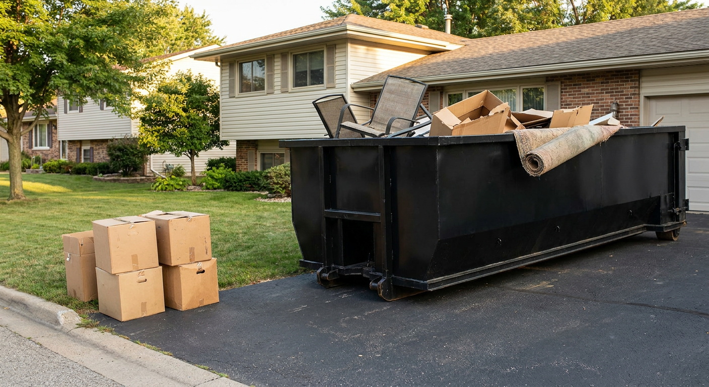 Front-yard view of a Henderson split-level home with a 20-yard matte-black roll-off dumpster sitting directly on the asphalt driveway, a few clearly labeled donation boxes staged at the curb, calm sunny afternoon.