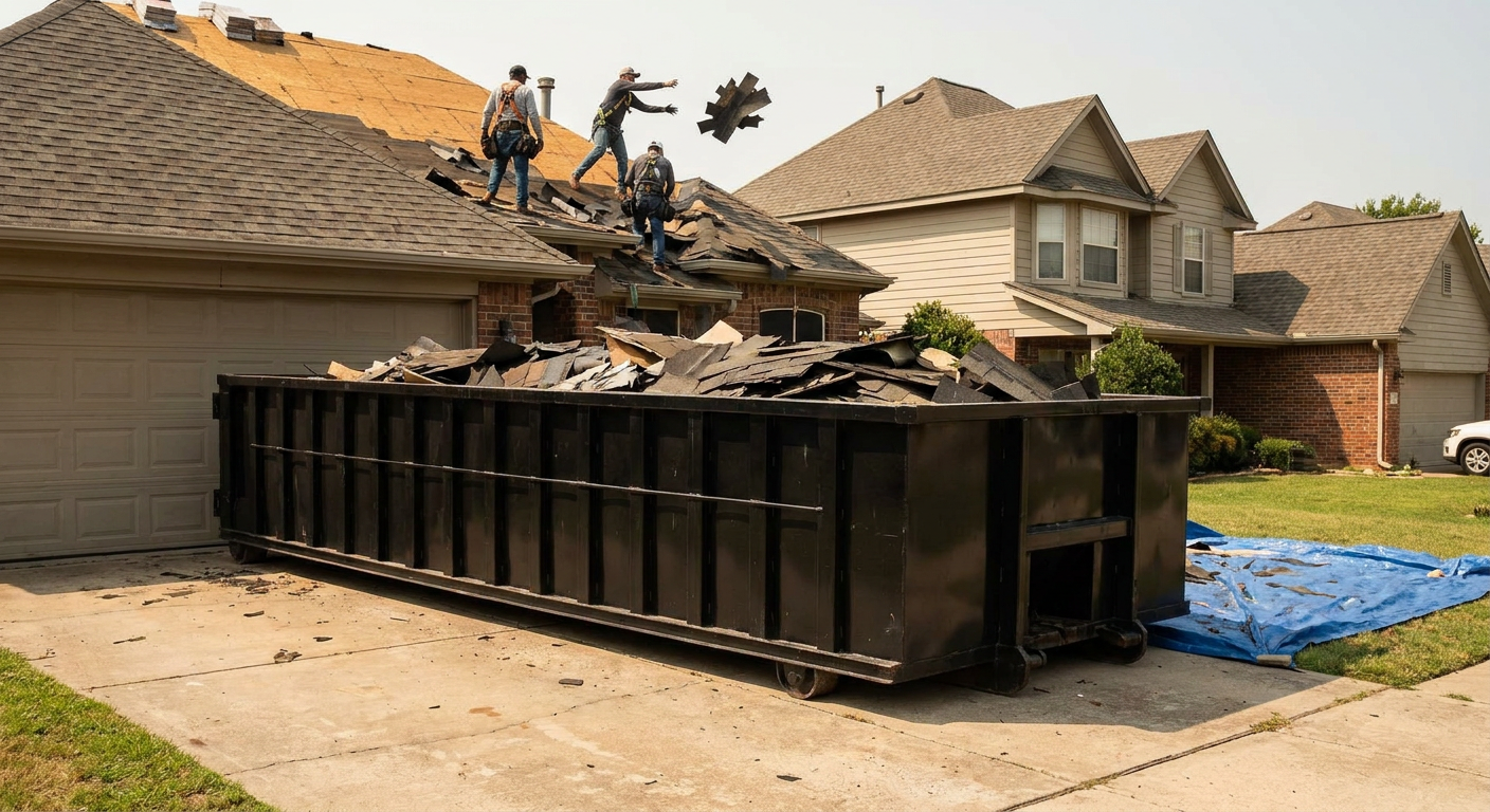 Matte-black roofing roll-off dumpster placed directly on a Henderson residential concrete driveway, a tear-off crew on a two-story asphalt-shingle roof tossing shingle bundles into the low-walled container, bright daylight, documentary 35mm perspective.
