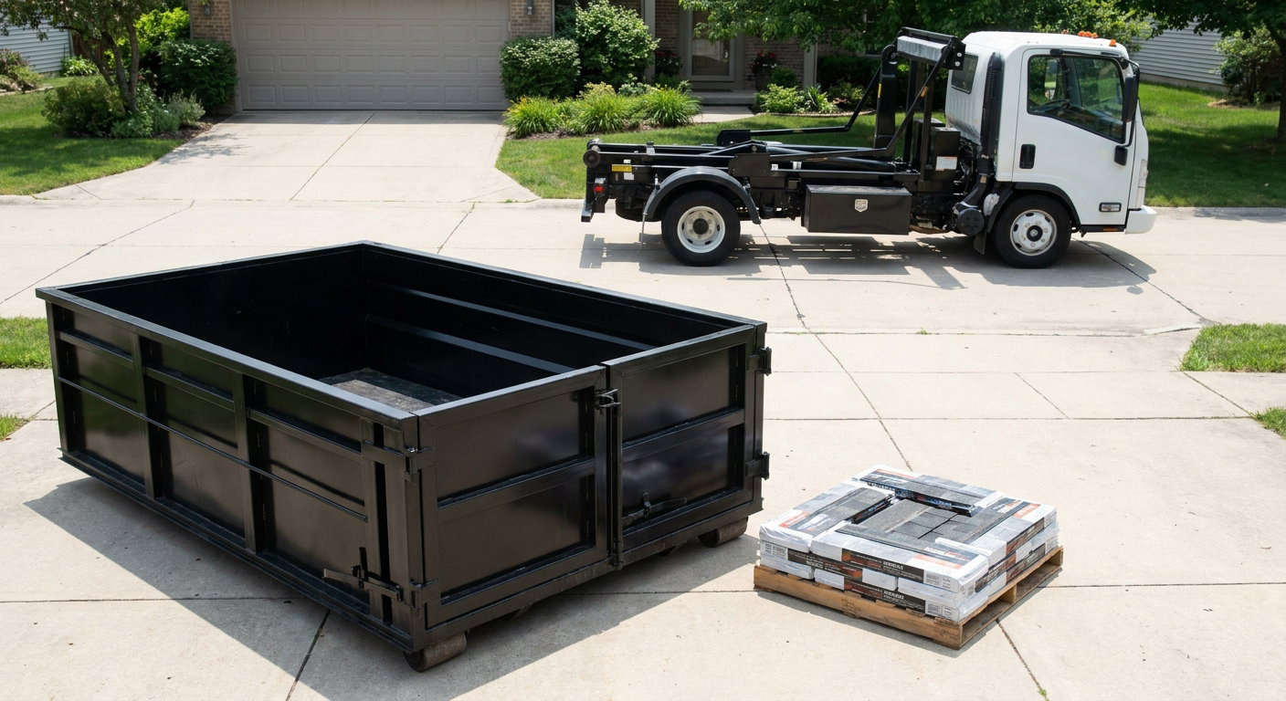 Matte-black 15-yard roofing roll-off dumpster with reinforced low side walls sitting directly on a Henderson residential concrete driveway, three-tab asphalt shingle bundles stacked nearby, an unmarked white hauler truck partially visible at the edge of the frame.