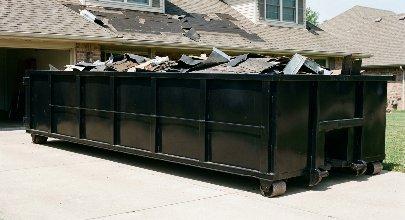 Matte-black 20-yard roofing roll-off dumpster with steel ribbed sides and swinging rear door, sitting directly on the concrete driveway of a two-story Henderson home, asphalt shingle debris being loaded over the low wall, clean documentary lighting.