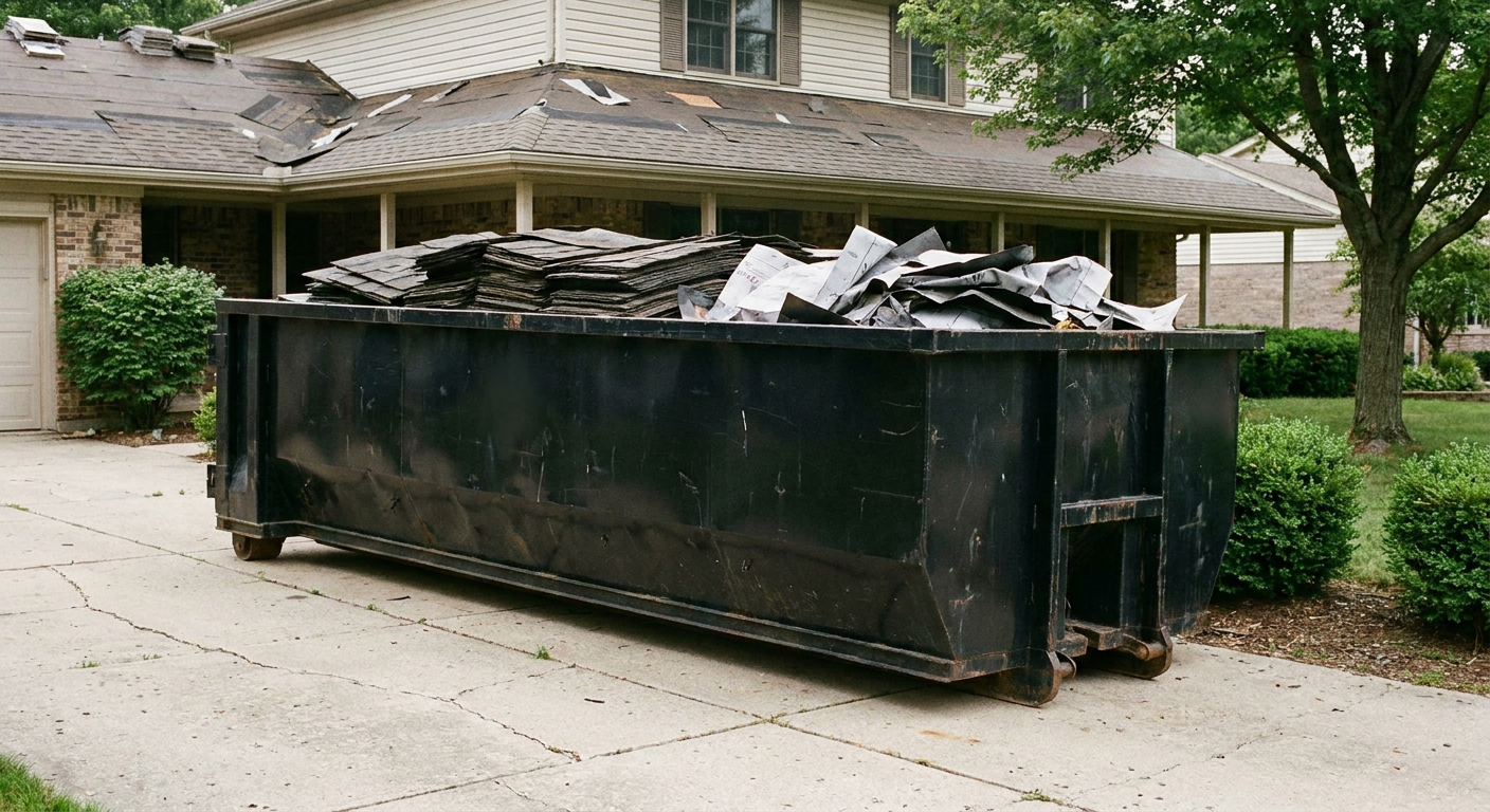 Matte-black 30-yard roofing roll-off dumpster sitting directly on a Henderson concrete driveway, taller ribbed steel side panels, mixed tear-off debris of asphalt shingles and underlayment inside, professional documentary daylight.