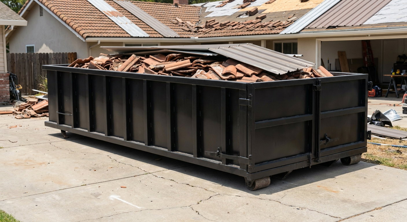 Matte-black low-wall heavy-debris roofing roll-off dumpster sitting directly on a Henderson concrete driveway, broken concrete clay roof tiles and metal panel sections loaded inside, reinforced ribbed steel side walls visible, bright outdoor daylight.