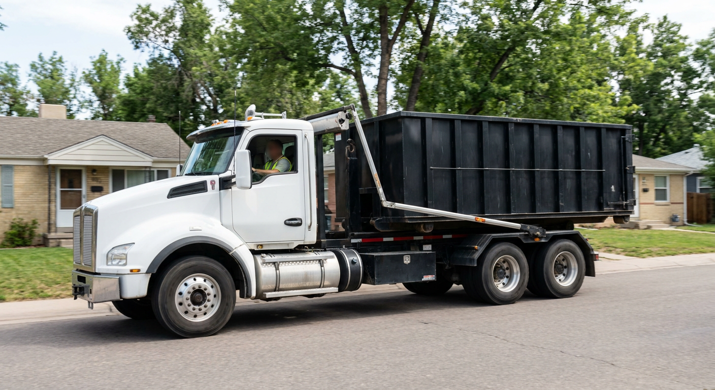 A wide documentary shot of a matte-black roll-off delivery truck pulling onto a quiet Henderson residential street at mid-morning, with neighborhood rooftops and tree-lined blocks visible behind, showing the metro coverage footprint.