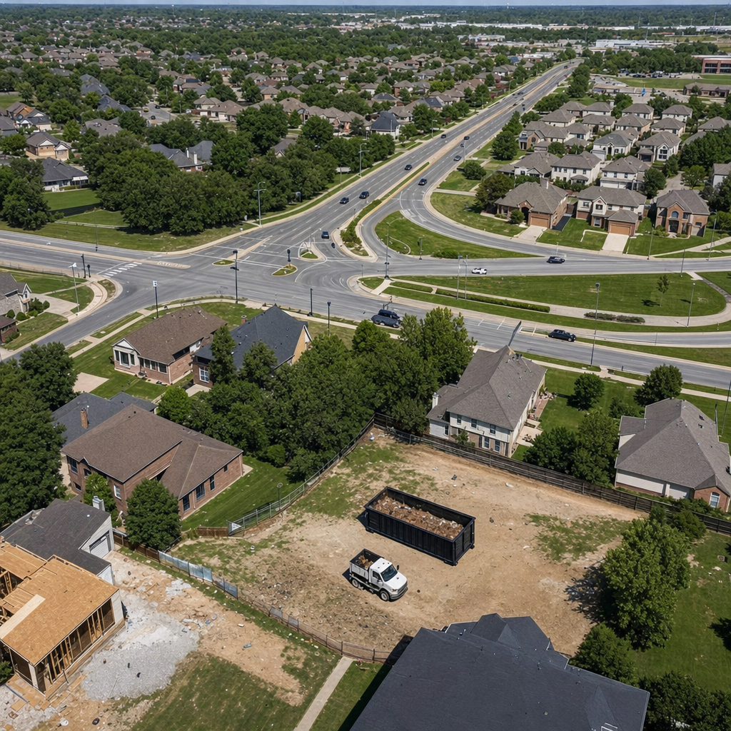 An overhead documentary view of the Henderson metro area at midday, showing the spread of neighborhoods, arterial roads, and the dispatch radius from a central yard — clean daylight, organized geographic layout.