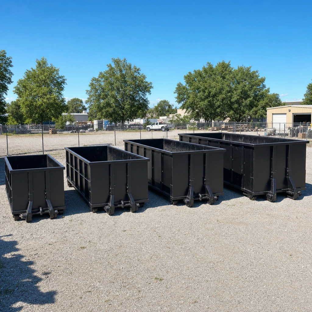 A clean lineup of matte-black roll-off dumpsters in 10, 20, 30, and 40-yard sizes staged on a sunlit gravel yard in Henderson, showing the size progression from compact to commercial-scale containers.
