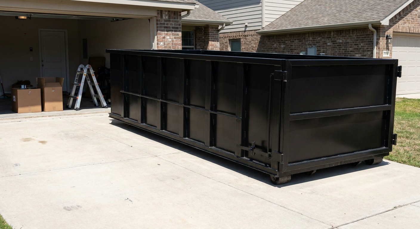 A matte-black 10-yard roll-off dumpster sitting directly on a residential Henderson concrete driveway, mid-day sunlight, clean and ready for a garage cleanout.