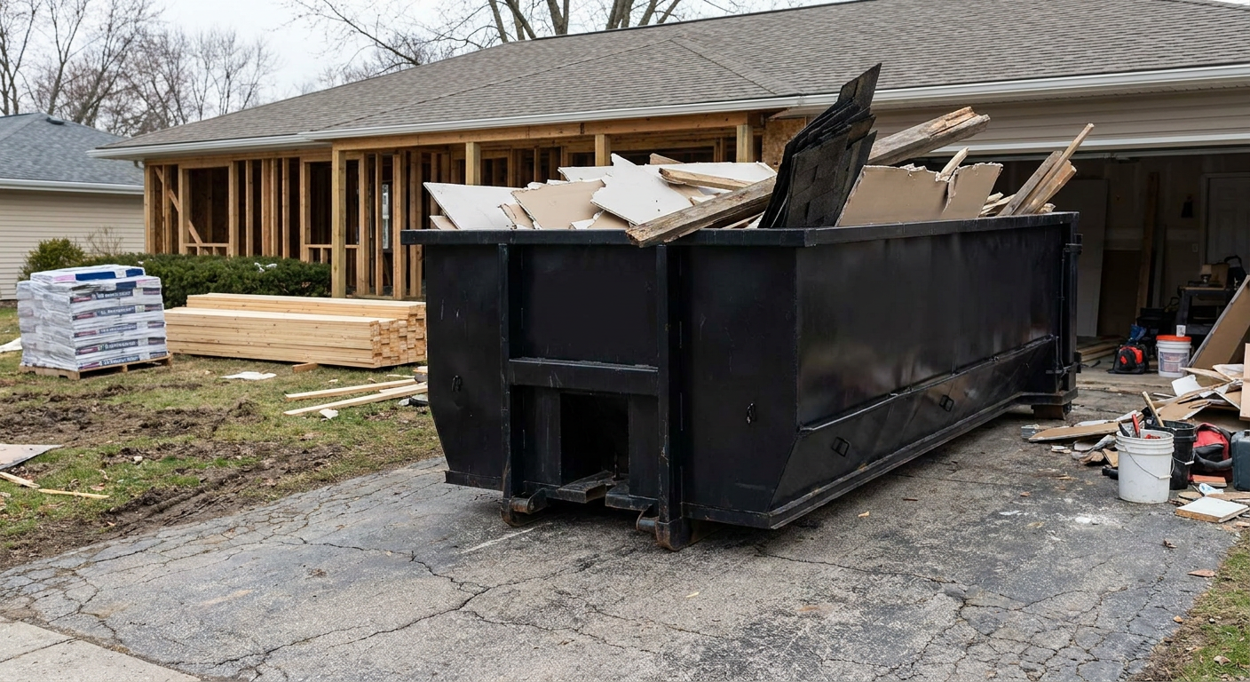 A matte-black 20-yard roll-off dumpster placed alongside a mid-renovation Henderson home directly on the asphalt driveway, with framing materials and torn-off shingles staged neatly nearby.