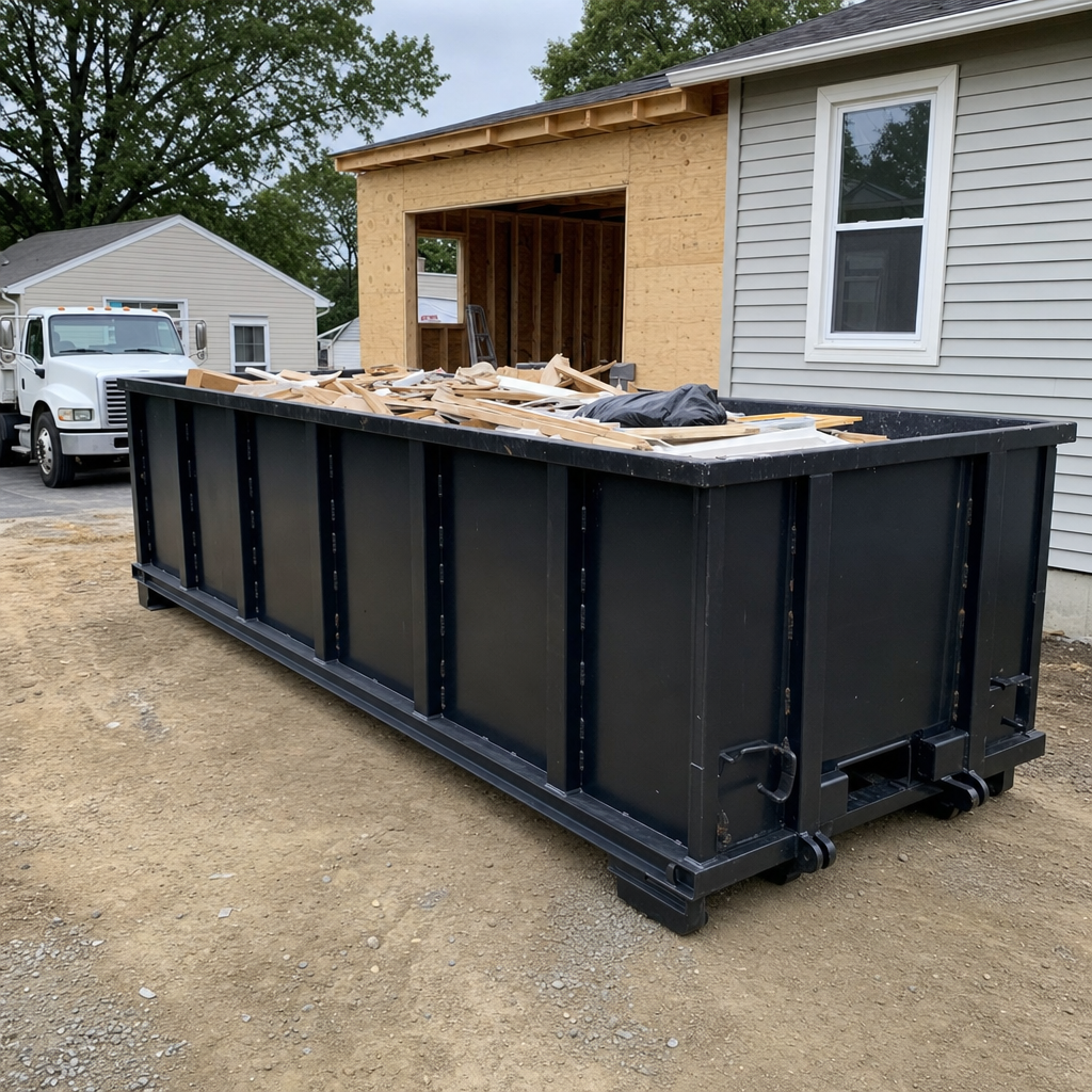 A matte-black 30-yard roll-off dumpster positioned at a Henderson residential addition jobsite, with framing lumber and drywall scraps loaded through the open swinging rear doors.