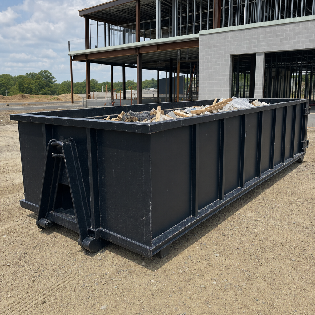 A matte-black 40-yard roll-off dumpster staged on a large Henderson commercial construction lot, with a hooklift delivery truck parked alongside under bright midday sky.