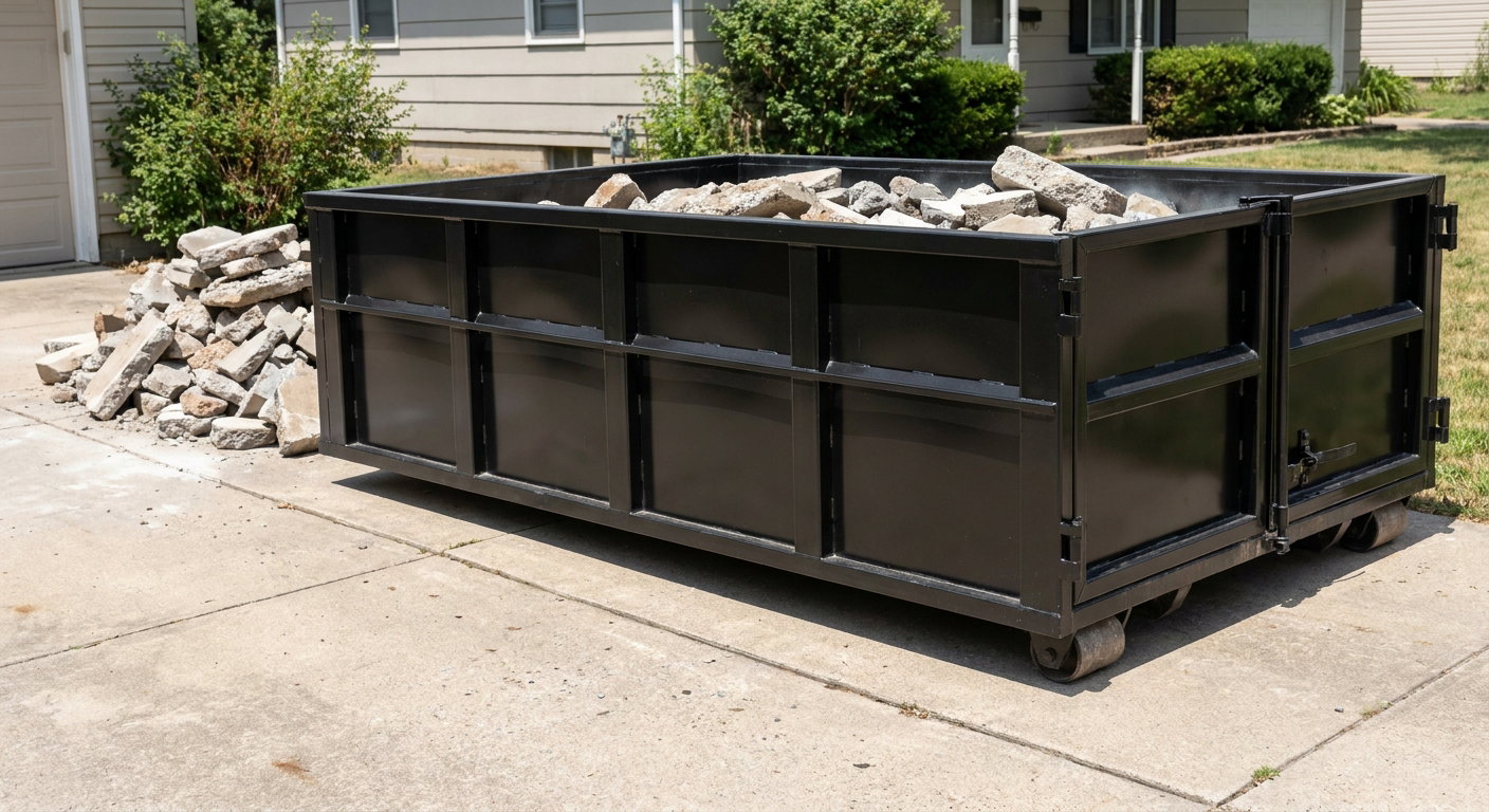 A matte-black low-side heavy-debris roll-off dumpster placed directly on a Henderson concrete driveway, with broken concrete chunks neatly stacked beside it under clean daylight.